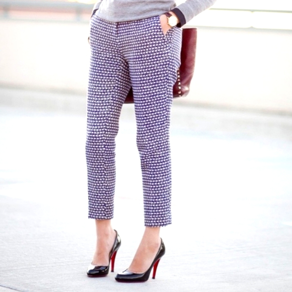 NWT J. CREW | Bouclé Silk Blend Ankle Pants Sz 12 Blue and white metallic tweed
